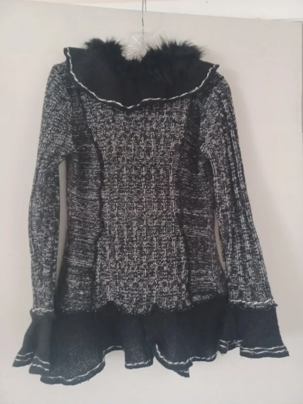 Neiman Marcus Black Gray Marled Knit Faux Fur Ruffle Cardigan Sweater Jacket – S